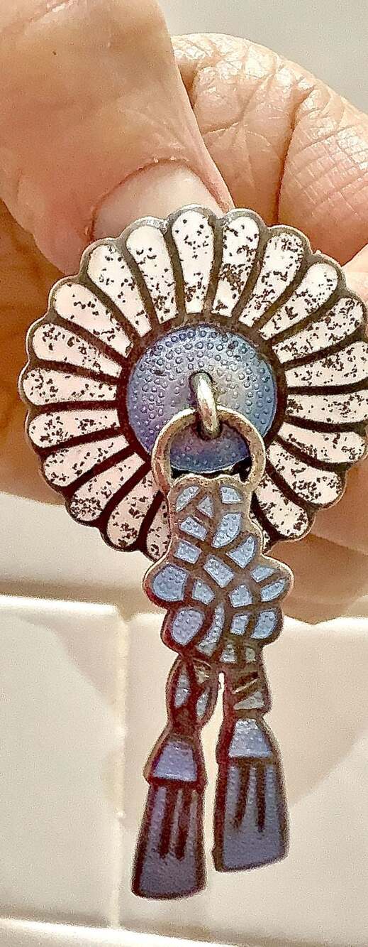 Vtg Margot de Taxco Sterling Silver Blue & White Champleve Enamel Tassel Brooch